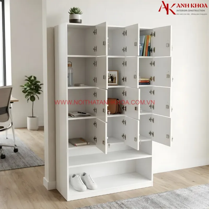 Tủ locker gỗ kết hợp kệ giấy