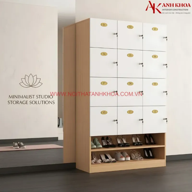 Hình ảnh tủ locker gỗ kết hợp bàn làm việc