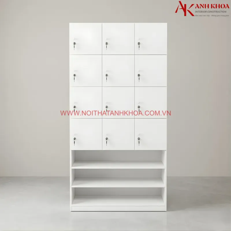Tủ locker gỗ kết hợp kệ giày màu mạ đẹp